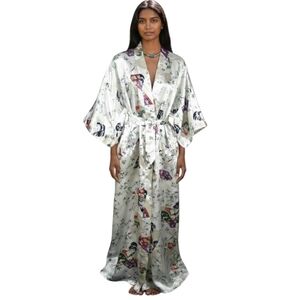 Elegant Oriental Ivory Floral Satin Kimono Robe